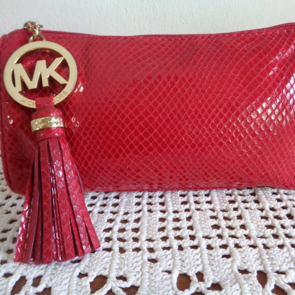 Michael Kors Clutch Evening Bag Cosmetic Case Make Up Pouch Red Snakeskin Look